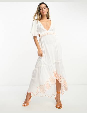 River Island embroidered ruffle hem mini beach dress with floaty sleeves in  orange