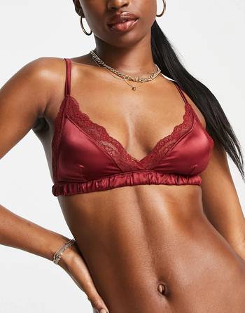 Monki satin bra with lace trim in red
