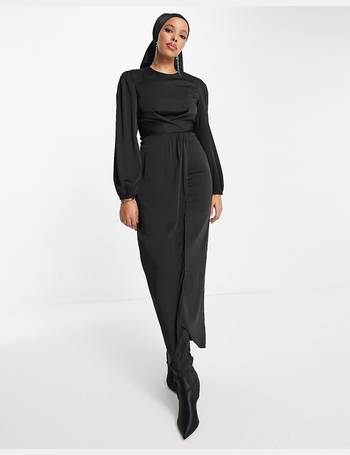 Flounce London sheer lace maxi dress with side split in black