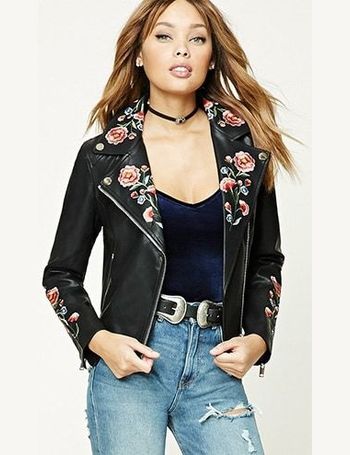 Floral leather outlet jacket forever 21