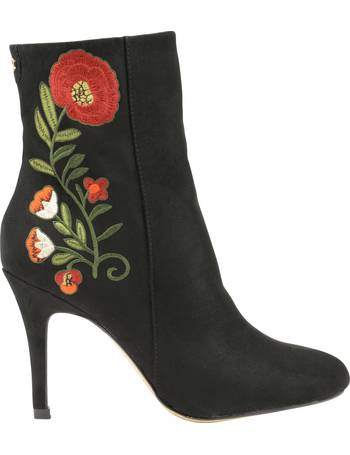 Ladies Ravel Penrose Floral Black Chunky Block Heeled Suede Leather Ankle Boots 