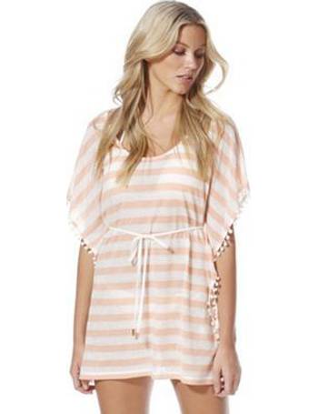 Pom Pom Trim Striped Beach Cover Up