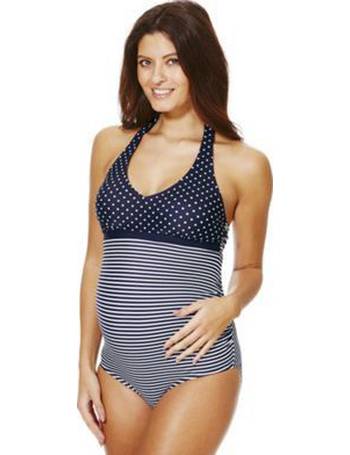 Striped halterneck maternity swimsuit, navy striped/white, La