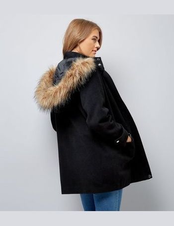 Maternity Black Faux Fur Hood Belted Puffer Coat