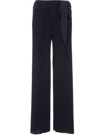 Yumi Navy Satin Crane Print Palazzo Trousers