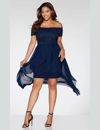 Navy glitter lace high neck dip hem outlet dress