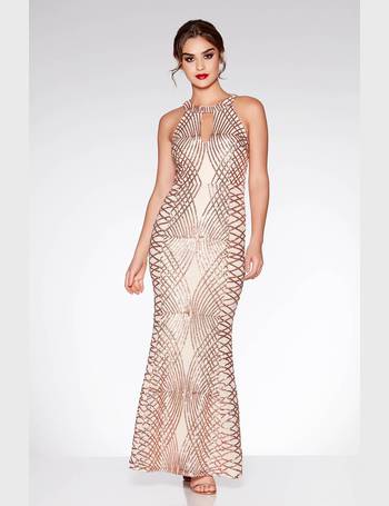 black and rose gold sequin embellished fishtail maxi dress