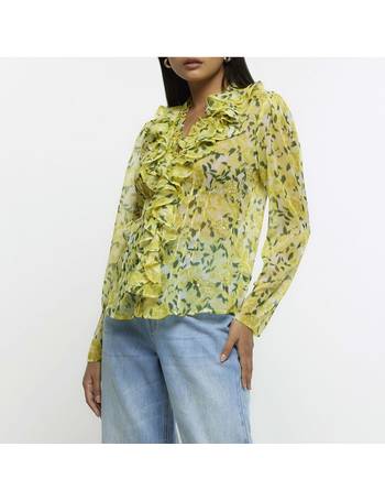 River Island floral volume sleeve button front blouse in blue