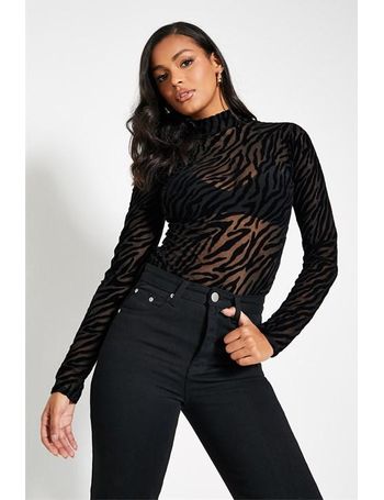 Black Flock Mesh High Neck Short Sleeve Bodysuit