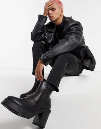 asos design chelsea boots in black leather with chunky sole