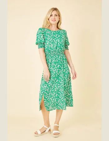 Mela Green Floral Print Shirred Waist Midi Dress