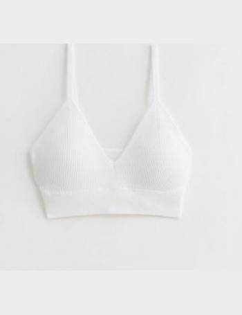 White Ribbed Lace Trim Seamless Bralette