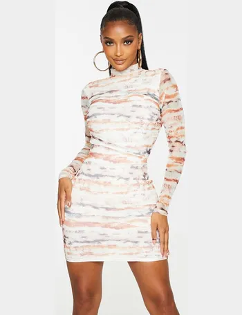 shape pink printed high neck mesh bodycon dress