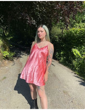 Never Fully Dressed satin slip dress in pink and red