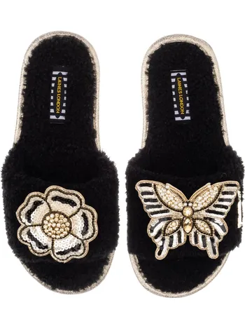 Classic Laines Slippers With Pink & Gold Pucker Up Brooches - Toffee, LAINES LONDON