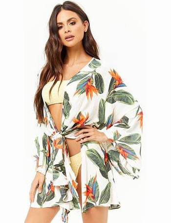 Tropical Leaf Print Kaftan Swim Cover Up