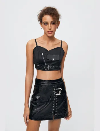 Black Faux Leather Lace Up Top