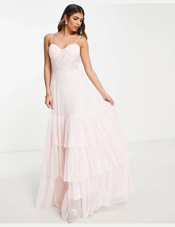 Lace & Beads Bridesmaid sheer one shoulder tulle midi dress in blush