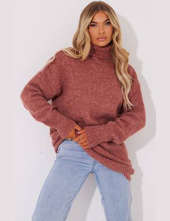 Stone Slouchy Longline Chunky Knitted Roll Neck Jumper