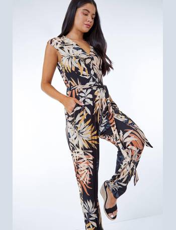 Petite Tropical Print Tie Waist Jersey Jumpsuit in Blue