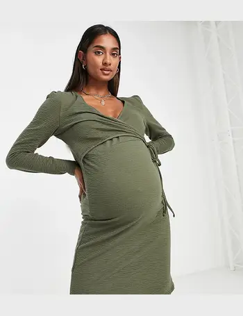 MAMA.LICIOUS Mamalicious Maternity Long Sleeve Midi Dress In Khaki Abstract  Print-Green for Women