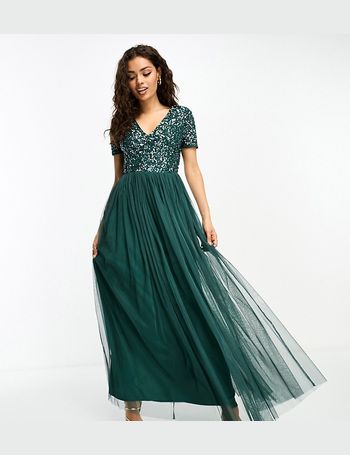 Maya high neck maxi tulle dress with tonal delicate shop sequins in berry