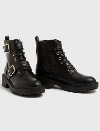 Black Buckle Lace Up Chunky Biker Boots