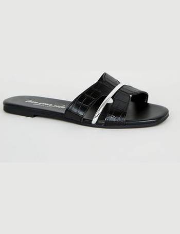 new look cross strap flat slider sandal in black croc