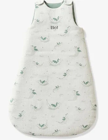 Vertbaudet Sleeveless Baby Sleep Bag in Cotton Gauze, Dinosaurus Green Medium Solid with Desig