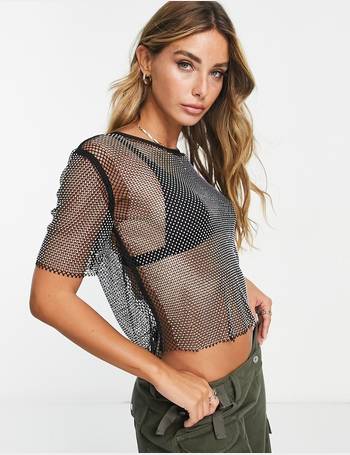 Black Mesh Top Cropped Short Sleeve You All, 48% OFF