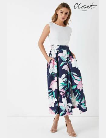 Closet gold navy shop floral pleated skirt dress