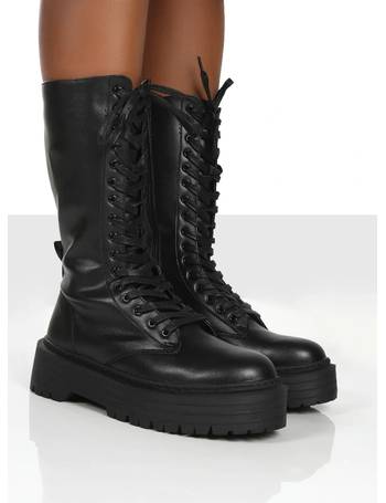 black pu patent double sole knee high lace up boots