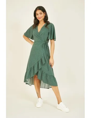 Mela Green Polka Dot Long Sleeve Midi Wrap Dress