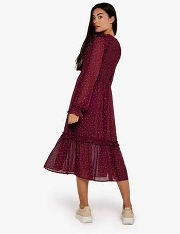 Apricot Curves Burgundy Velvet Flared Sleeve Midi Dress