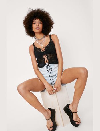 Stripe Crochet Tie Front Lace Up Crop Top