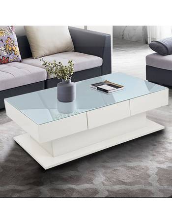 Ivy Bronx Coffee Tables With Drawers, Mecor Modern Glossy White Coffee Table With Led Lighting
