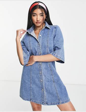 Only oversized denim mini shirt dress in mid blue