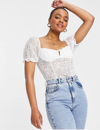 Love Triangle lace bodysuit with sheer sleeves in white