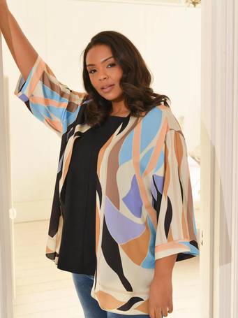 Live Unlimited Placement Print Chiffon Kimono Jacket, Black/Green, £89.00