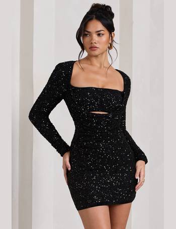 Luxe Black And Gold Sequin Plunge Wrap Mini Dress – Club L London