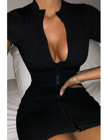 Black Zip Front Rib Short Sleeve Bodycon Dress