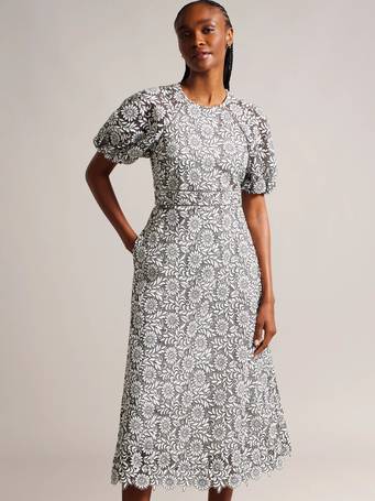Ted Baker mixed geo lace midi dress in navy