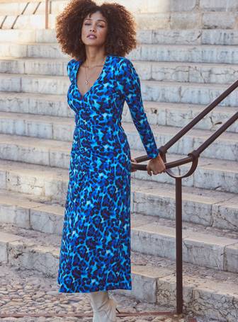 Buy Sosandar Blue Conversational Paisley Print V Neck Ruffle Dress