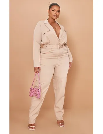 plt cream crochet knitted belted jumpsuit