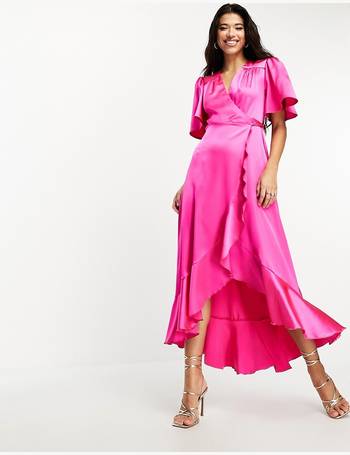 Flounce London satin long sleeve wrap maxi dress in blush pink