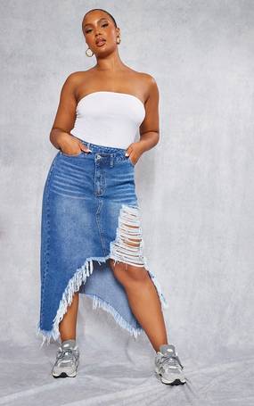 Plus Mid Blue Wash Wrap Denim Mini Skirt