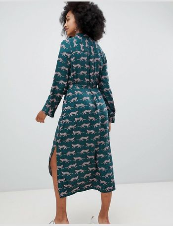 Monki long sleeve dress in green leopard print with slit