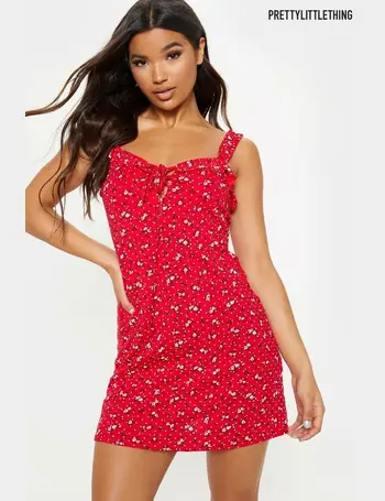 pretty little thing red floral print frill detail shift dress