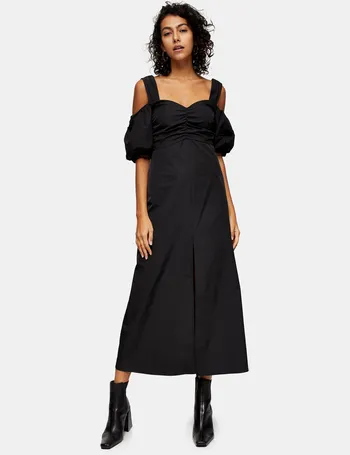 black taffeta bardot midi dress