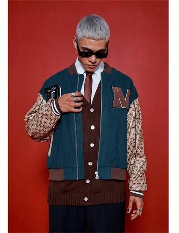Mennace varsity bomber jacket in forest green with multiple badges and  monogram sleeves